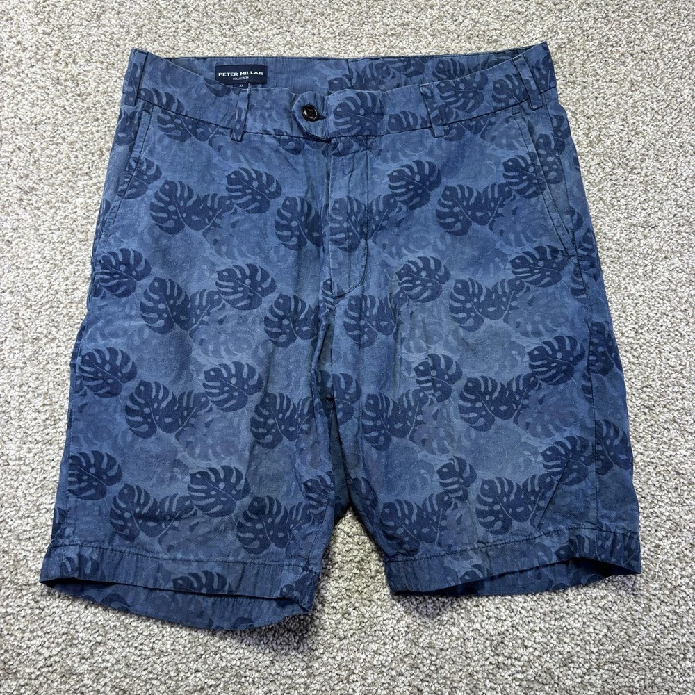 Peter Millar Shorts Mens 33 Blue Tropical Leaf Cotton Chino Casual 9 Inseam